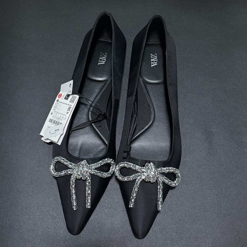 ZARA Black Satin Flats with Rhinestone Bow – Size 40 (US 9)